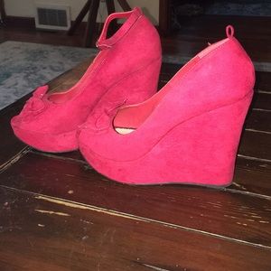 Red Faux Suede Peep Toe Platform Shoes